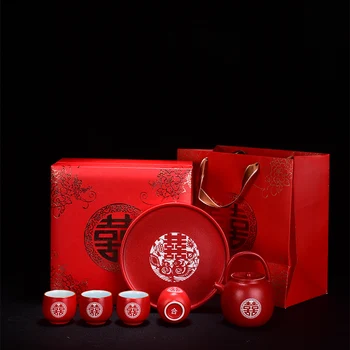 Kinijos Vestuvių Keramikos Arbatinukas Taurės Dėklas Nustatyti Kinija Raudona Dviguba Laimė Teacup Naujai vedęs Dovanų Dėžutėje Arbatinukas Kūrybos Teaware