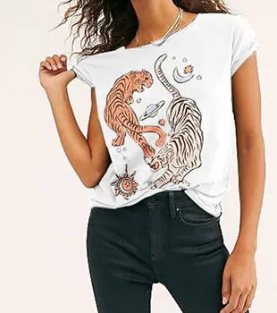 Moterų Tigrai Derliaus įkvėpė 70 Įgulos Kaklo Tee Hipster Grafika Šūkis Madinga Atsitiktinis Raidžių Viršų Ponios Streetwear T-Shirt