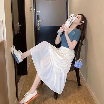 Japonijos Kietas Vidurio Blauzdos Vasaros Juoda Balta Sijonas-Line Midi Slim Pasakų Madinga Aukštos Juosmens Moterų Korėjos Mados Elegantiškas Stilius