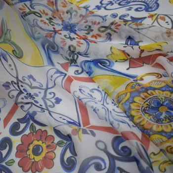 2019 Mėlynos ir baltos spalvos porceliano skaitmeninės tapybos šifono audinio suknelė telas por metro tissu tissus siuvimo