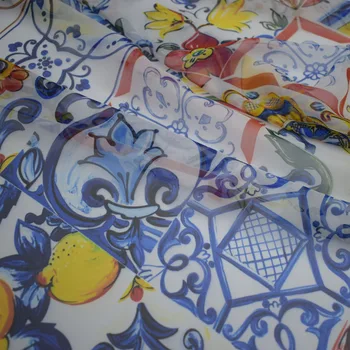 2019 Mėlynos ir baltos spalvos porceliano skaitmeninės tapybos šifono audinio suknelė telas por metro tissu tissus siuvimo