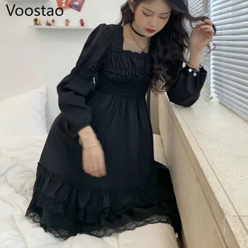 Japonijos Black, Gothic Lolita Dress Moterų Viktorijos Aikštė Apykaklės Raukiniai, Nėriniai Punk Dress Pavasarį, Rudenį Ilgomis Rankovėmis Mini Suknelės