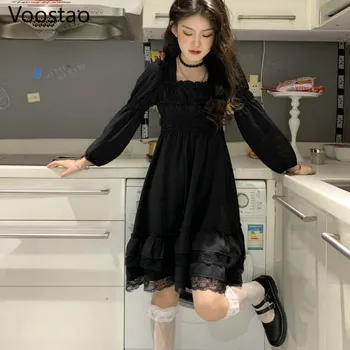 Japonijos Black, Gothic Lolita Dress Moterų Viktorijos Aikštė Apykaklės Raukiniai, Nėriniai Punk Dress Pavasarį, Rudenį Ilgomis Rankovėmis Mini Suknelės