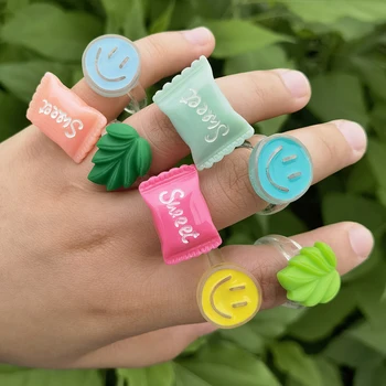 Prarado Lady Mielas Simile Veidas Žalias Lapas Cukraus Skaidrus Žiedai Moterų Mados Mergaičių Saldainiai Spalvos Derva Žiedas Didmeninė Papuošalai