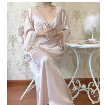 QWEEK Šilko Pižamą Elegantiškas Suknelės Moterims Pavasario Vasaros 2021 Sleepwear Nėriniai naktiniai drabužiai ilgomis Rankovėmis Nightie Kulkšnies Ilgis Panele