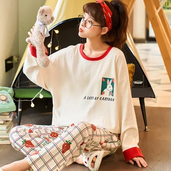 Moterų Cute Bunny Sleepwear Prarasti Didelio Dydžio Šiltą Būstą, Drabužius Kawaii Braškių Grotelės Kelnių Pyjama Rudenį Medvilnės Pižama