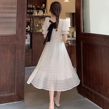 2021 Vasaros Gėlių Dizainas Saldus Suknelė Vientisas Trumpas Rankovės Elegantiškas Šifono Suknelė Korėjos Aikštėje Apykaklės Dot Moterų Suknelės