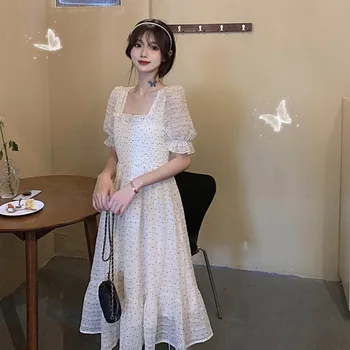 2021 Vasaros Gėlių Dizainas Saldus Suknelė Vientisas Trumpas Rankovės Elegantiškas Šifono Suknelė Korėjos Aikštėje Apykaklės Dot Moterų Suknelės