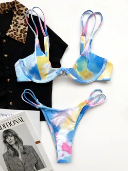 AIUJXK Kaklaraištis Dažų Spausdinti Bikini 2021 Underwire Push Up Bikinis Rinkinys Moterims Dviejų dalių maudymosi kostiumėlį, Thong Seksualus maudymosi Kostiumėliai Paplūdimio Maudymosi Kostiumas