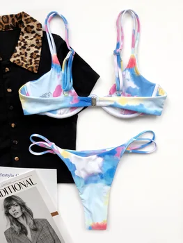 AIUJXK Kaklaraištis Dažų Spausdinti Bikini 2021 Underwire Push Up Bikinis Rinkinys Moterims Dviejų dalių maudymosi kostiumėlį, Thong Seksualus maudymosi Kostiumėliai Paplūdimio Maudymosi Kostiumas