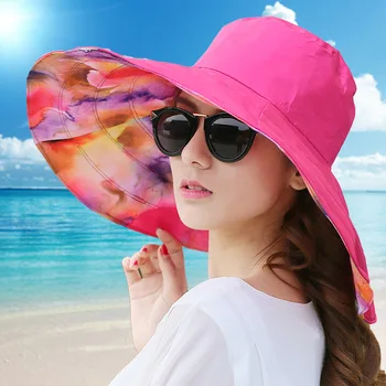 Platus Kraštų dvipusės Paprasta, Sulankstomas Saulės Skrybėlę Paplūdimį Moterys Vasarą UV Apsaugoti Kelionių Bžūp Kaklaraištis Dažų Modelio Spausdinimo Kvėpuojantis Bžūp