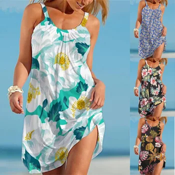 Vasaros Gėlių Spausdinti V-kaklo, Rankovių Paplūdimio Mini Suknelės Moterims Atsitiktinis Atostogų Apynasrio-line Suknelė Moterų Sundress Vestidos Skraiste