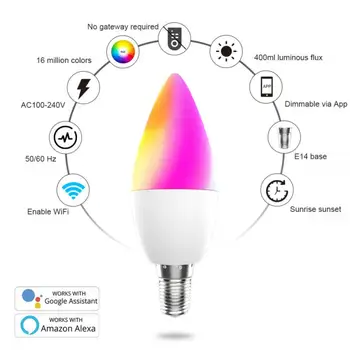 Tuya Smart Home E14 WiFi Lemputė LED Žvakių Lemputė RGB šviesos srautą galima reguliuoti Šviesos APP Nuotolinio Laiko Kontrolės Dirbti Su Alexa 