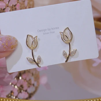 14K Aukso spalvos Elegantiškas Opal Gėlių Stud Auskarai Moterims AAA Kubinis Cirkonis Subtilus Juvelyrikos Mielas Tulpių Auskarai