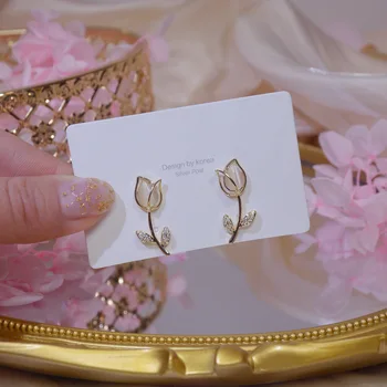 14K Aukso spalvos Elegantiškas Opal Gėlių Stud Auskarai Moterims AAA Kubinis Cirkonis Subtilus Juvelyrikos Mielas Tulpių Auskarai