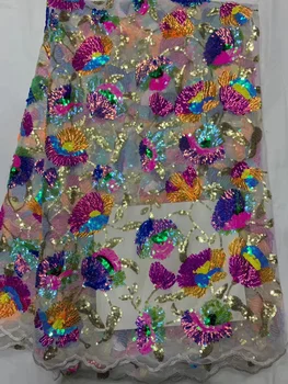 2020 Mados Afrikos Rankų darbo, Siuvinėta Blizgučiai 3D gėlės Akių Nėrinių audinys, Aukštos Kokybės Tinklinio Vestuvių Suknelė Šalies Siuvimo