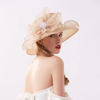 Moterų Skrybėlės, Plačios Kraštų Paplūdimio Skrybėlę Vasarą, Skrybėlės Moterims Gėlės Organza Vestuvių Skrybėlę Top Hat Skydelis Skrybėlę Kepuraitės Moterų Dizaineris