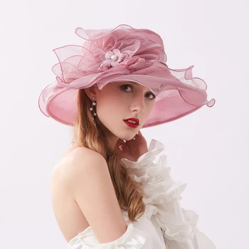 Moterų Skrybėlės, Plačios Kraštų Paplūdimio Skrybėlę Vasarą, Skrybėlės Moterims Gėlės Organza Vestuvių Skrybėlę Top Hat Skydelis Skrybėlę Kepuraitės Moterų Dizaineris