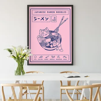 Japonijos Ramen Animaciją Kačių Gyvūnų Drobė Meno Tapybos Virtuvės Puošmena, Sienos Nuotrauka Makaronai Maisto Plakatai ir Spaudinių Vaikams