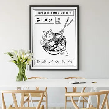 Japonijos Ramen Animaciją Kačių Gyvūnų Drobė Meno Tapybos Virtuvės Puošmena, Sienos Nuotrauka Makaronai Maisto Plakatai ir Spaudinių Vaikams
