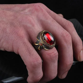 Retro dvi tonas totem žiedas Didelis Ovalo formos Raudonas Akmuo lankas vyrų ir moterų gotikos šalies jubiliejų žiedas, retro papuošalai, dovanos