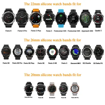20 22 26mm Silikono Watchband Garmin Fenix 5X 5 5S Plius 6 6S 6X Pro 3 3HR Riešo Juostos Smart Watch Band