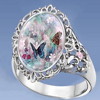 Prabangus Klasikinis Tuščiaviduriai Gėlių Drugelis Opal Emalio Žiedai Moterų Mados Išskirtinį Vestuves Jubiliejų Dovana