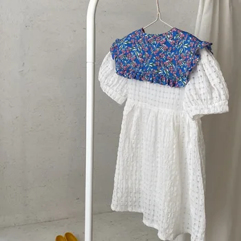 2021 m. Vaikų Mergaičių Balta Suknelė Vasaros korėjos Vaikai Vienas Gabalas Kūdikių Drabužiai Derliaus prancūzijos Merginos Princesė Suknelė su Gėlių Apykaklės