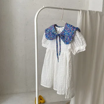 2021 m. Vaikų Mergaičių Balta Suknelė Vasaros korėjos Vaikai Vienas Gabalas Kūdikių Drabužiai Derliaus prancūzijos Merginos Princesė Suknelė su Gėlių Apykaklės
