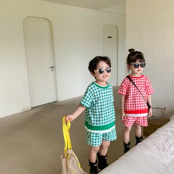 Korėjos stiliaus berniukų ir mergaičių vasaros mados kratinys pledas 2vnt rinkiniai vasarą brolis ir sesuo komplektus medvilnės drabužiai