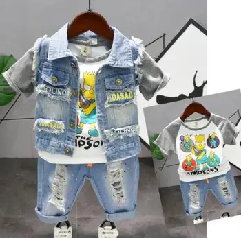 Berniukas trumpas rankovės kostiumas vaikų drabužių medvilnės animacinių filmų kūdikio mados džinsinio audinio liemenė + trumpas rankovės + skylę džinsai