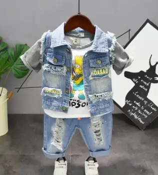 Berniukas trumpas rankovės kostiumas vaikų drabužių medvilnės animacinių filmų kūdikio mados džinsinio audinio liemenė + trumpas rankovės + skylę džinsai