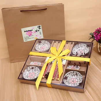 Japonų Stiliaus Cherry Blossom Keramikos Suši Patiekalų Sashimi Soysauce Patiekalas Indai Nustatyti, Stalo įrankiai, Rinkinys Dovanų Dėžutėje (12Pcs/Set) L1