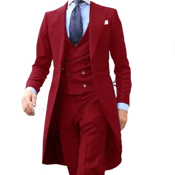 2021 Naujas Arrivel Ilgas Kailis Dizaino Kinijos Raudona Vyrai Kostiumas Švelniai mens Smokingas Prom Švarkas Custom 3 Dalių (Švarkas+liemenė+Kelnės)