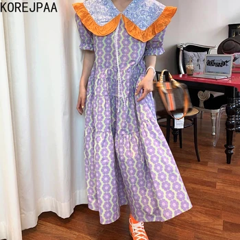 Korejpaa Moterų Suknelė 2021 M. Vasarą Korėjos Elegantiškos Ponios Retro Atvartas Kontrasto Susiuvimo Gėlių Prarasti Sluoksniuotos Rankovėmis Didelis Sūpynės Vestidos