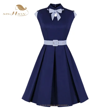 50s 60s Hepburn Stiliaus Elegantiška Vintage Suknelė su Diržo VD2055 Kratinys Tunika Vestidos Vasaros Medvilnės, Tamsiai Mėlynos Moterų Suknelė