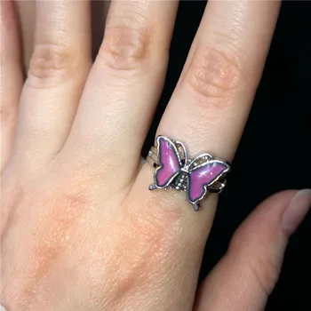 Elegantiškas Retro asmenybė ponios cinko lydinys atidaryti žiedas temperatūros kontrolės spalvos žiedas drugelis blizgučiai apdailos žiedas papuošalai