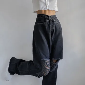 Streetwear korėjos Džinsai moterų Mados High Waisted pločio kojų Džinsinio Džinsus Harajuku Negabaritinių Kelnės, džinsai, Kelnės pantalones