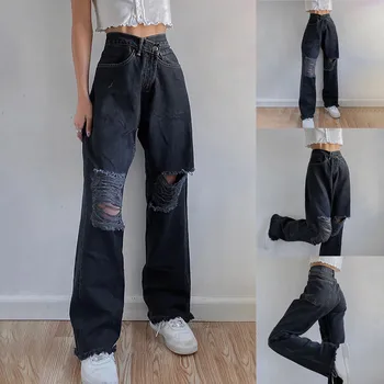 Streetwear korėjos Džinsai moterų Mados High Waisted pločio kojų Džinsinio Džinsus Harajuku Negabaritinių Kelnės, džinsai, Kelnės pantalones