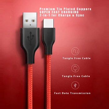 PHOMAX Greitas USB Įkrovimo Kabelis 3A C Tipo Duomenų Kabelis Nailono Tinklelio 