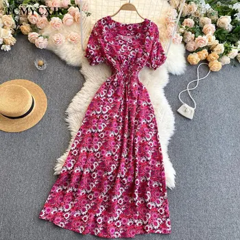Prancūzijos moterų Retro Gėlių Suknelė Mados Sluoksniuotos Rankovėmis V-Kaklo-line Suknelės Vasaros Ruched Elastinga Boho Spausdinti Paplūdimio Suknelė