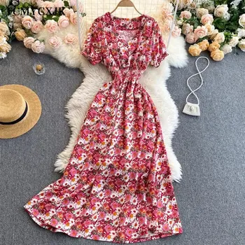 Prancūzijos moterų Retro Gėlių Suknelė Mados Sluoksniuotos Rankovėmis V-Kaklo-line Suknelės Vasaros Ruched Elastinga Boho Spausdinti Paplūdimio Suknelė