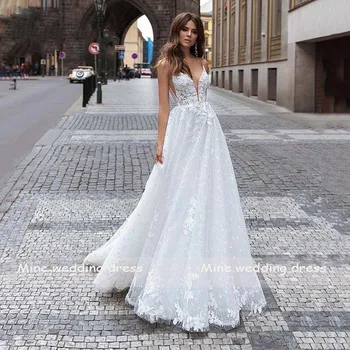 Rankovių V-Kaklo, Nėriniai Appliques Backless Tiulio-Line Vestuvių Suknelė Iki 2021 M. Vestido De Noiva Nuotakos Suknelė