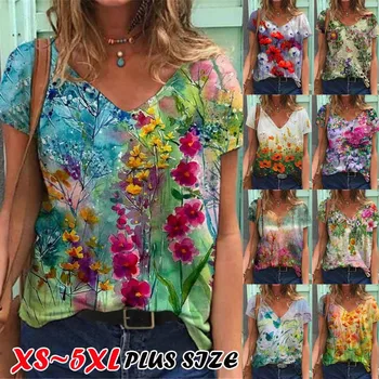 S-5XL Vasaros Viršūnes Moterų Palaidų Gėlių Marškinėliai Office Ponios Retro Print T Marškinėliai Atsitiktinis Paplūdimio V Kaklo Viršų Negabaritinių Camisas Mujer