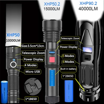 Super Šviesus XHP90.2 XHP50 Taktinis Žibintuvėlis LED Zoomable Žibintuvėlis USB Įkrovimo Flashlamp Su Galios Ekranas Kaip Galios Bankas