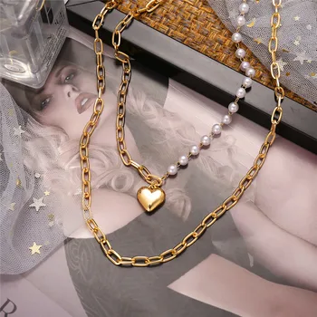 WUKALO Naujų Čekijos Paprasta mados Imitacija, perlų meilė Širdies Dvigubo sluoksnio Clavicle grandinės karoliai priedai moterų Papuošalai