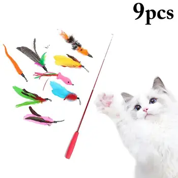 9Pcs/Set Kačių Žaislai, Rinkiniai Naminių Kačių Lazdelė Pakeitimo Papildymo Netikrą Plunksnų Žaislas Su Ištraukiamas Polių Kačiukas Kibinimas Produkto Katė Prekes