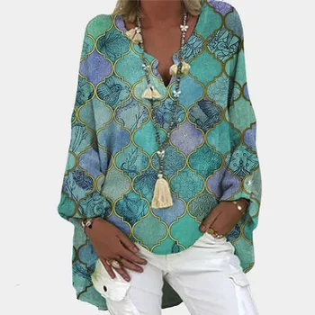 Geometrinis Spausdinti Atsitiktinis Moterų Palaidinė Elegantiškas V-Kaklo, Ilgomis Rankovėmis Marškinėliai Plius Dydis Skalbiniai Ilgai Viršūnes Prarasti Streetwear Blusas Mujer 4