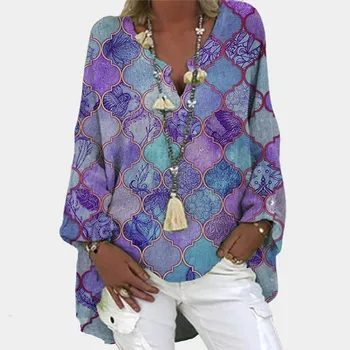 Geometrinis Spausdinti Atsitiktinis Moterų Palaidinė Elegantiškas V-Kaklo, Ilgomis Rankovėmis Marškinėliai Plius Dydis Skalbiniai Ilgai Viršūnes Prarasti Streetwear Blusas Mujer 4