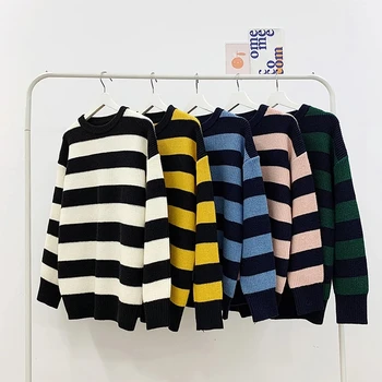 Moterų Dryžuotas Megztinis Atsitiktinis Negabaritinių Megztiniai Megztinis Ilgomis Rankovėmis Trikotažas Streetwear Moteris Rudens-Žiemos Korėjos Šiltas Pora